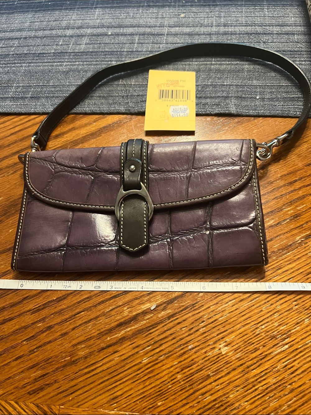 Dooney & Bourke Purple Croc-Embossed Leather Wristlet Clutch with Black Strap